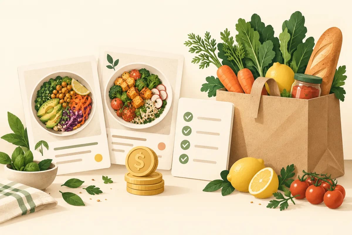 Illustrated recipe cards, earnings coins, a checked grocery list, and a bag of fresh groceries.